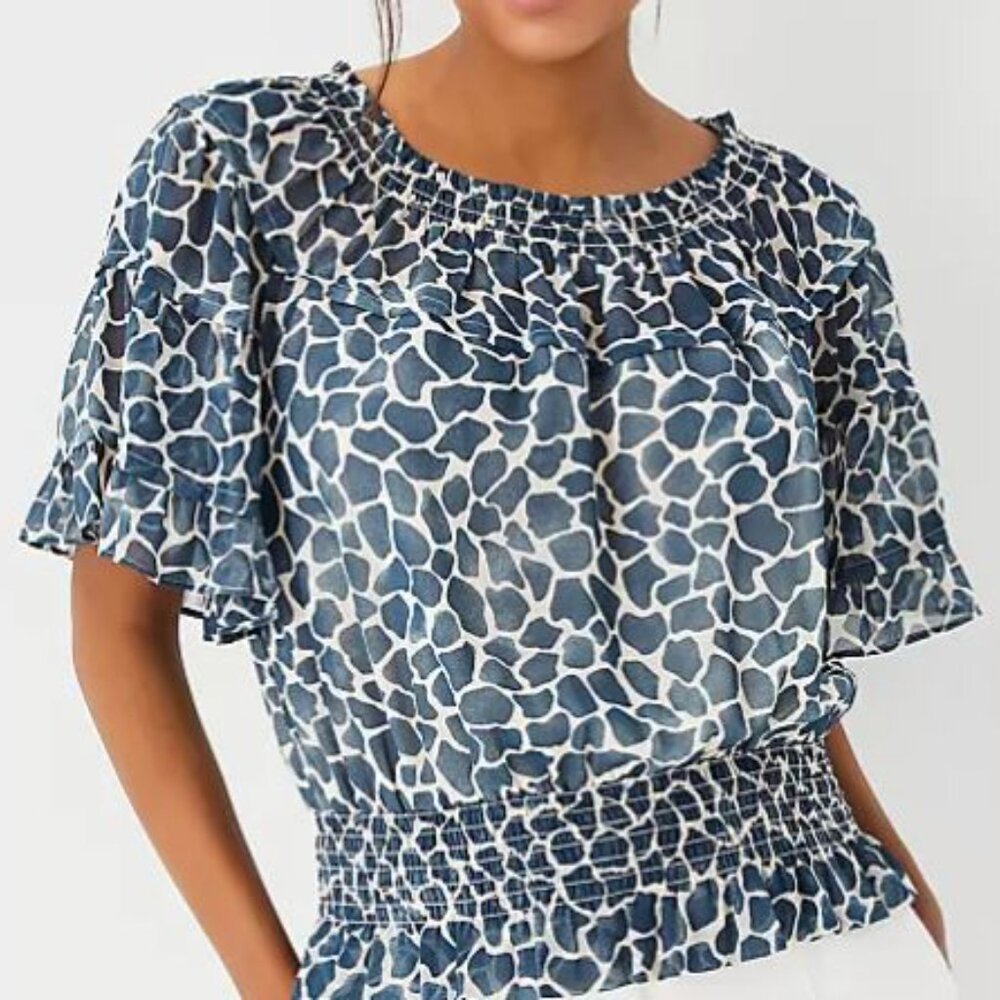 Ann Taylor Giraffe Print Smocked Neck Ruffle Top Size Misses Small Petite